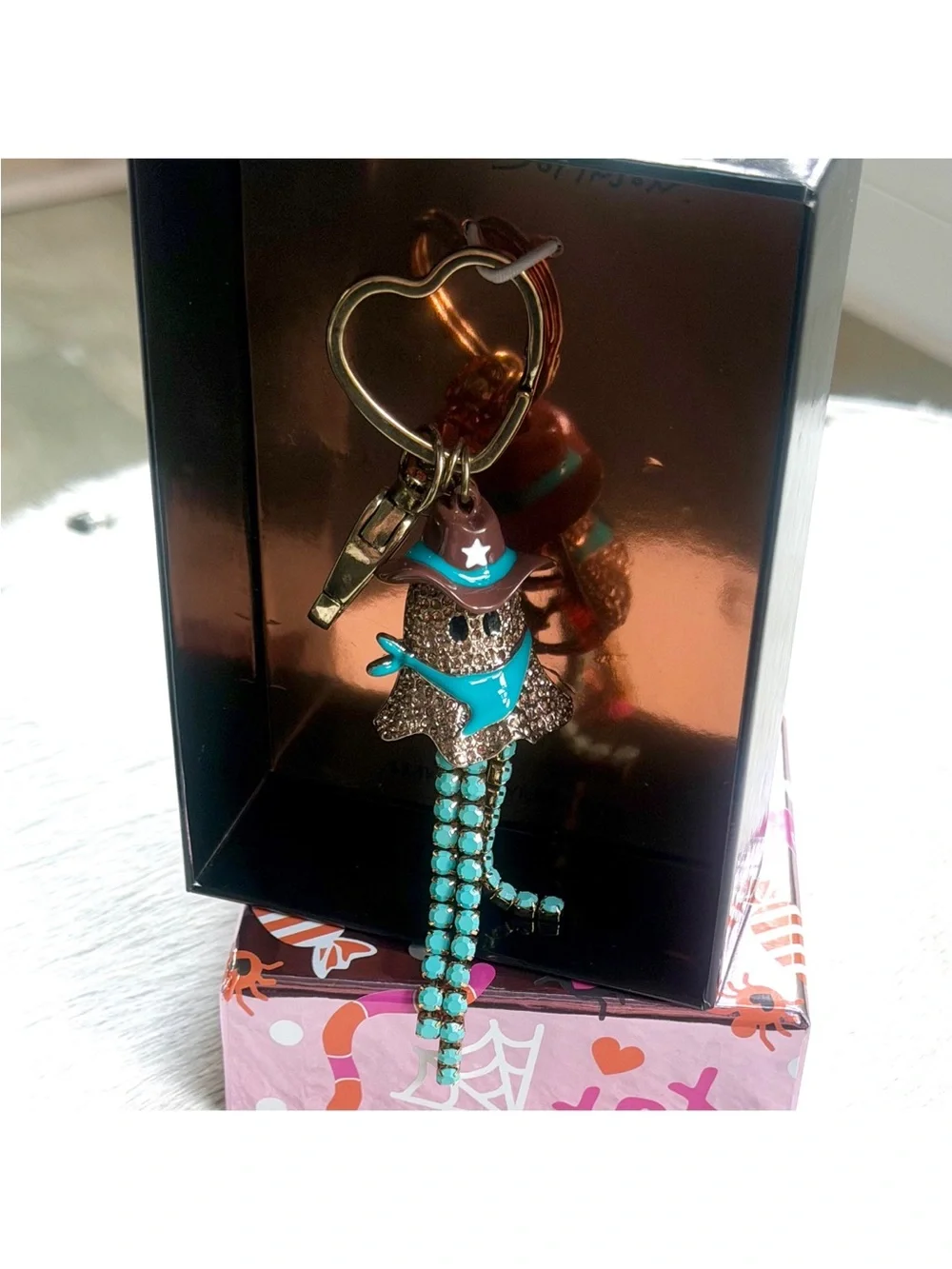 Betsey Johnson Ghost Cowboy Bag Charm Keychain Gold Crystal Turquoise Fringe NIB